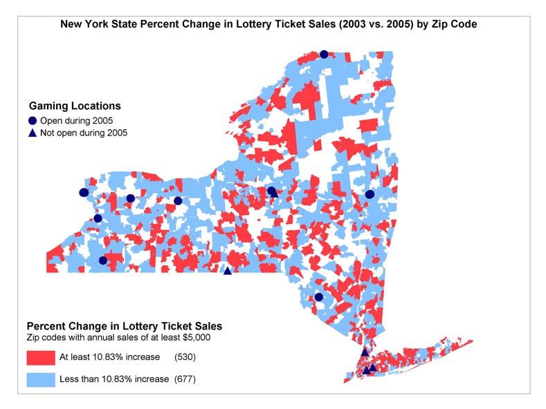 Impact of VLTs on Lottery Ticket Sales in New York This map shows the percent change in lottery ticket sales by zip code for 2005 compared to 2003.