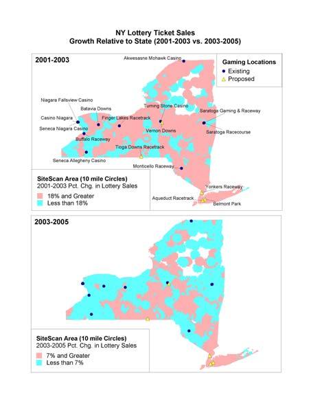 Impact of VLTs on Lottery Ticket Sales in New York These maps show growth in lottery ticket sales relative to casinos in New York and may make the previous point more clearly.
