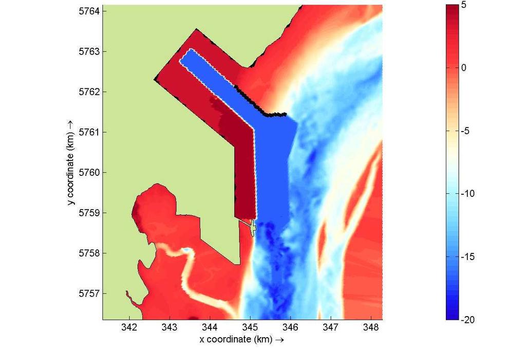 Figure A6: Bathymetry (m CD) Basin Option with a short training wall Figure A7: Bathymetry (m