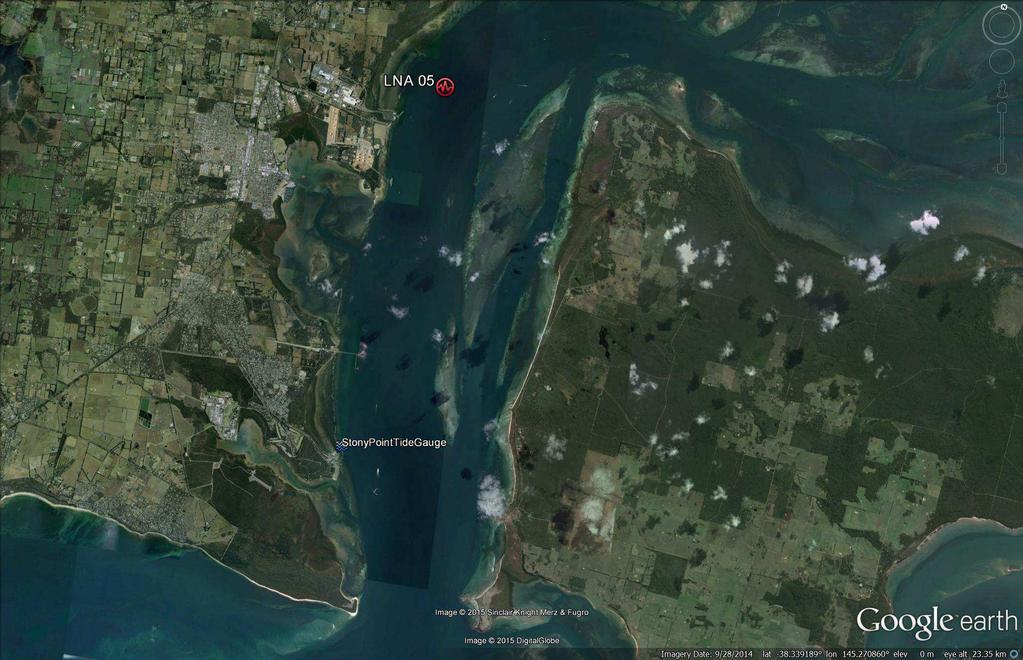 Figure 1: Locations of the current monitoring site (LNA 05) and the Stony Point Tide Gauge.