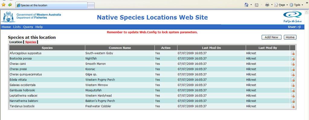 Figure 7 Screen grab of database page, which lists the different species found at a common location. 3.