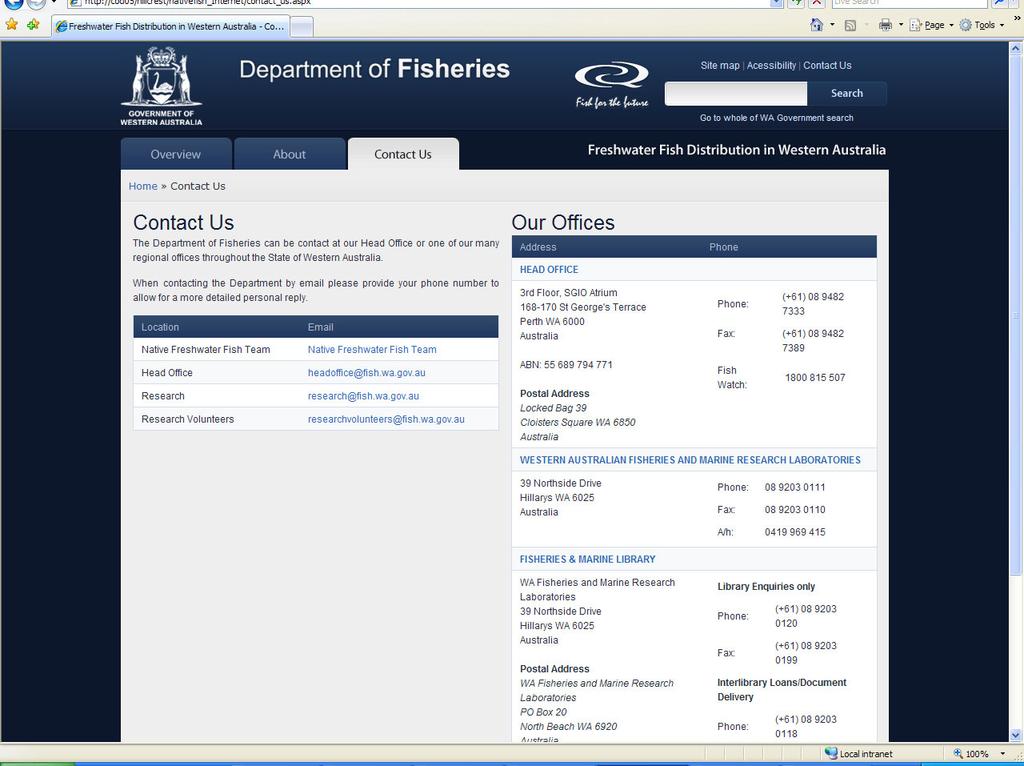 Figure 9 Screen grab of the Freshwater Fish Distribution in Western Australia website displaying the About page.