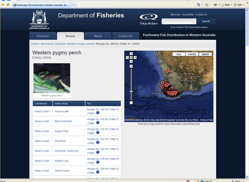 Figure 15 Screen grab of the Freshwater Fish Distribution in Western Australia website displaying a search for Western