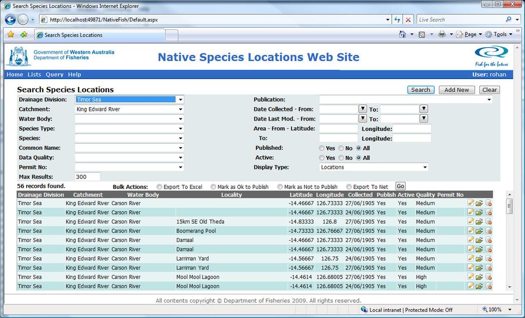 Species Location Search Screen The Species Location Search screen is the first screen displayed when the system is accessed.