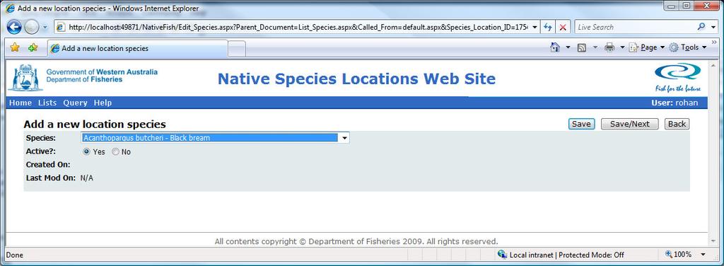Now press the Add New Button to enter a new species location record.