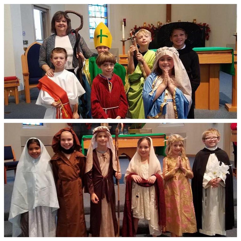 They presented their saint in costume during one of the Masses on 10-30 and then again at the School s All School Mass on Tuesday.