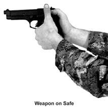 the left foot forward of the right. Grip the pistol grip firmly with the right hand. Place the right thumb on the safety.