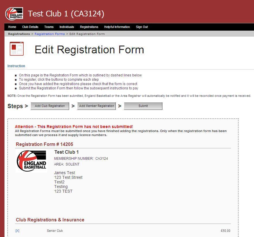 Once you have added your club registration your registration form will automatically