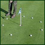 putt and noticing how each putt breaks a little differently depending on its position. Challenge yourself to make each putt before graduating to moving the balls to three feet away.