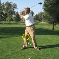 Correct As the right shoulder continues to turn in the backswing, the right hip must not follow it. The right hip has to resist turning so you can develop resistance.