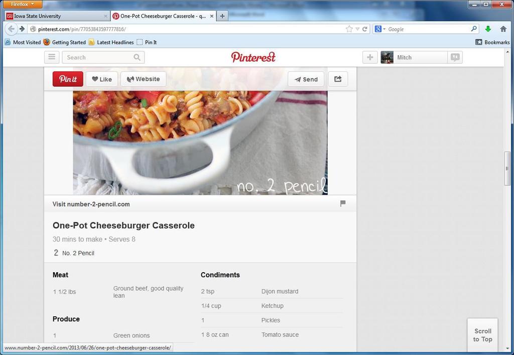 2) Clicking on the image brings up a page just for the cheeseburger casserole. Still on a Pinterest page but wait! Scroll the mouse over the casserole picture and a Visit number-2-pencil.