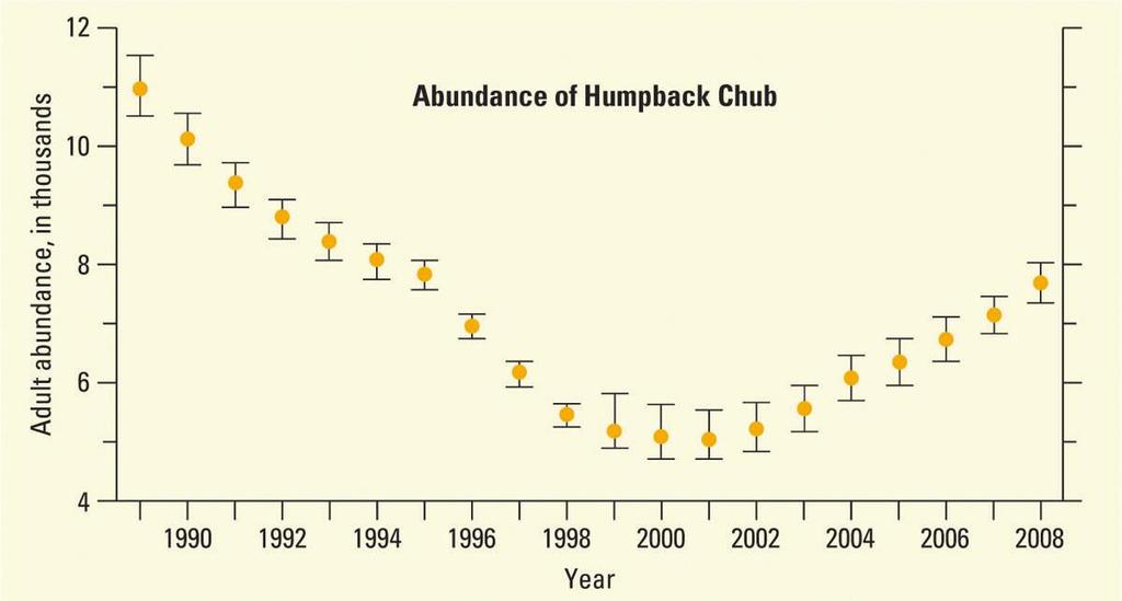 Figure 2. Estimated adult humpback chub abundance in Grand Canyon using age-structured mark recapture model and incorporating uncertainty in assignment of age (Coggins and Walters 2009).