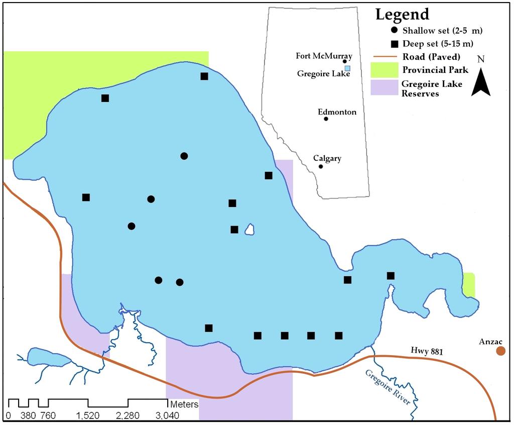 Figure 1. Map of Gregoire Lake, Alberta showing sampling sites.