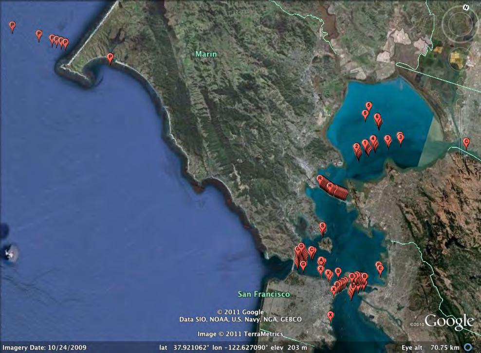 Pt Reyes San Pablo Bay Golden Gate Bridge Monitor detections of study sharks