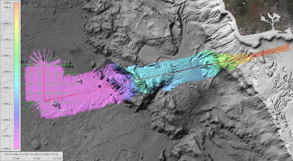 EM122 Achieved Coverage Figure 6. EM122 accuracy test and transit line data used for the swath coverage assessment. Colored bathymetry indicates data used for swath coverage assessment.