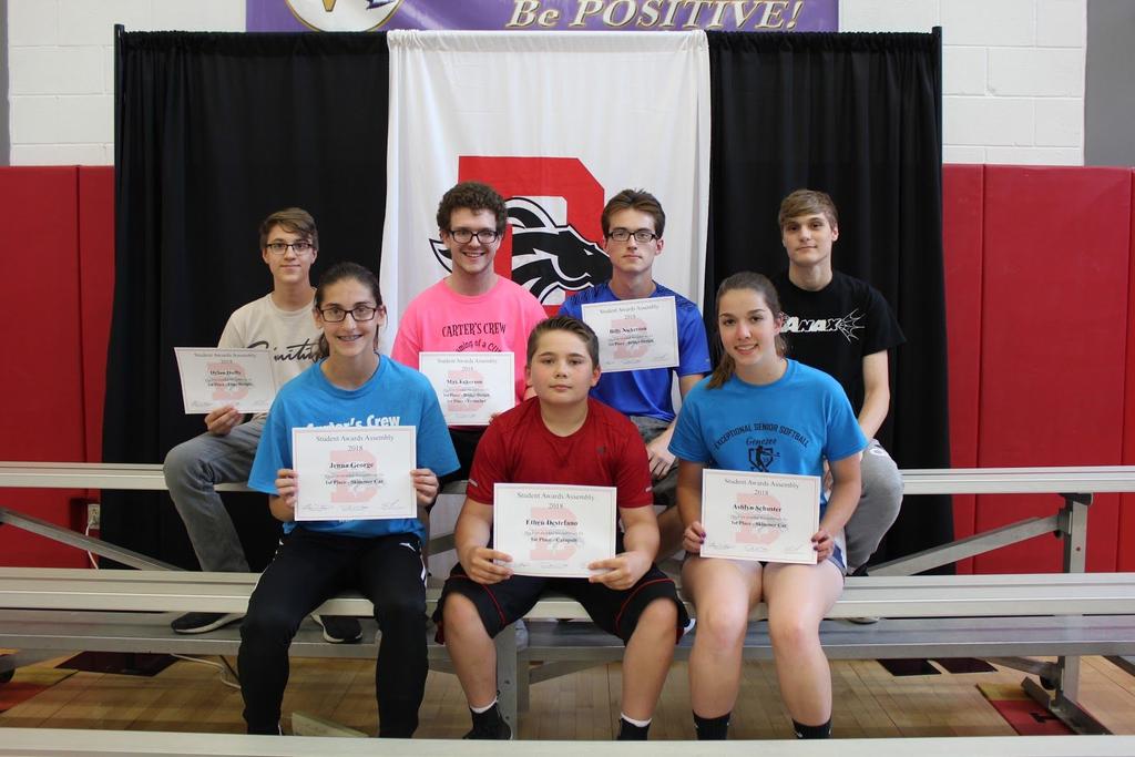 Technology Awards Back Row: Dylan Duffy - 1st Place - Logo Design; Max Eckerson - 1st Place - Bridge Design, 1st Place - Trebuchet; Billy Nickerson - 1st Place - Bridge