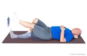Straight-leg raises to the front slide 4 of 7 1. Lie on a firm bed with your affected leg straight. Bend your other leg, with that foot flat on the bed.