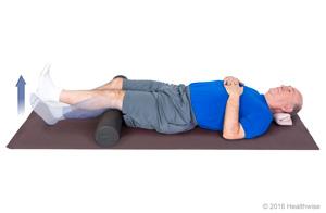 Short-arc quad slide 5 of 7 1. Lie on your back on a firm bed. Bend your knees over a foam roll or large rolled-up towel, with your heels on the bed. 2.