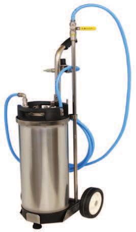 The canister is filled with pre-diluted detergent / disinfectant solution and connected to an industrial air supply.