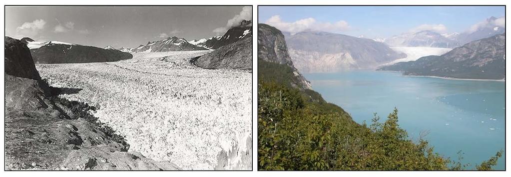 Muir Glacier/Muir Inlet, Glacier Bay Alaska On the left is a photograph taken August 13, 1941, by glaciologist William Field; on the right, a photograph taken from