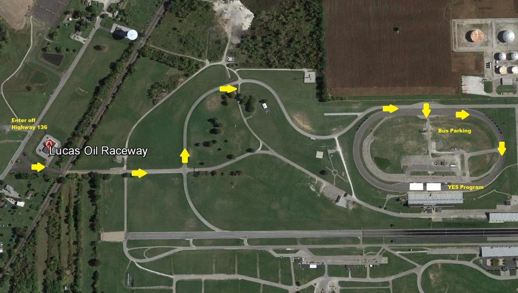 Maps and Directions Please direct your drivers to arrive between 9:00 and 10:30am. Enter Lucas Oil Raceway at Indianapolis through the main spectator entrance off Highway 136.
