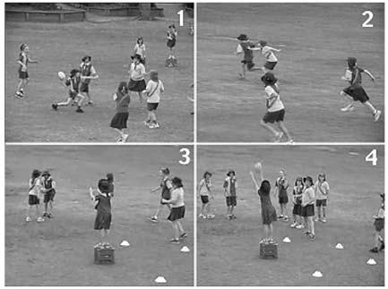 Game application Football netball Divide class into two teams. Set up a court using marker cones. Set up netball goals 40m apart. For a netball goal, stand a student on a chair or milk crate.