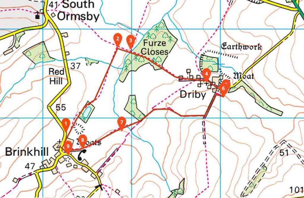 Route and stopping points 01 South Ormsby Road moat 02 Field boundary and valley view 03 Furze Closes 04 St Michael s Church 05 Driby Manor 06 Driby
