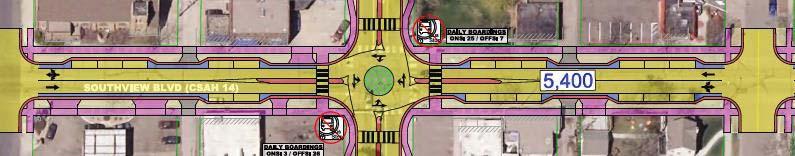 Page 11 Roundabout Corridor Concept Characteristics Increases space for pedestrians, streetscape and transit amenities (but less than the Balanced Mobility Concept) Most efficiently moves vehicular