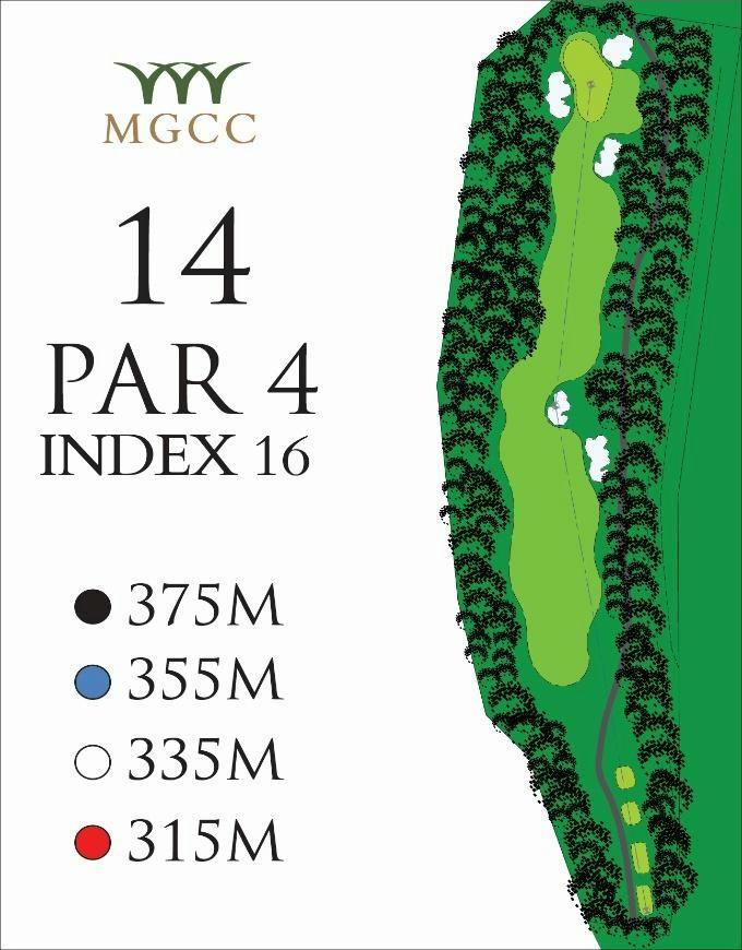 Hole 14 Par 4 375m 355m 335m 315m The 14 th hole is a mid length par 4, whose main strategic feature is its offset fairway.