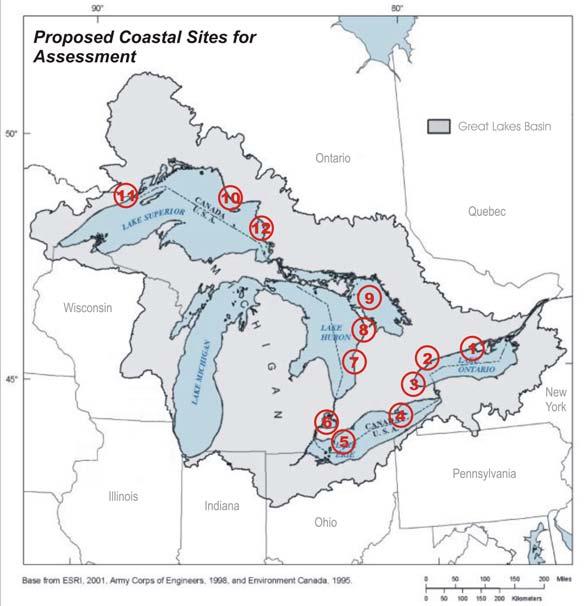 Coastal Study Sites on the Great Lakes Project identified 12 Sites around the Great Lakes, three each on Lake Ontario, Erie, Huron and Superior. 1. Bay of Quinte / Presqu ile 2.
