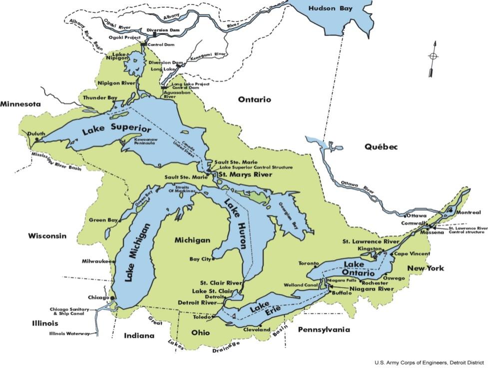 The Great Lakes Watershed The Great Lakes cover an area of 244,160 km 2 with a total shoreline length of