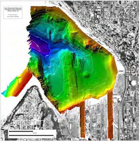 Bathymetry: Bathymetry is the measurement of the bottom depth at various places in a body of water. In Elliott Bay, water depths range from 2m (red) to 180m (purple).