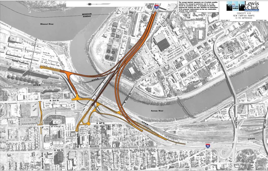 Feasible Concepts Reviewed Concept 4B New Fairfax ramps with I- improved Concept 4B Replaces existing Fairfax ramps with new flyover ramps to the north.