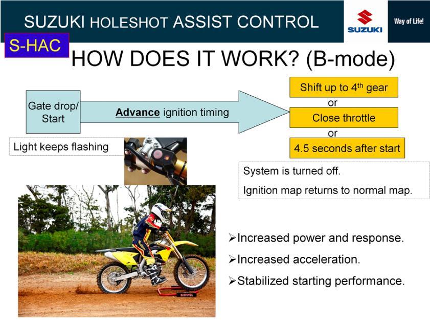 Ignition timing is advanced in B-mode producing strong power and response.