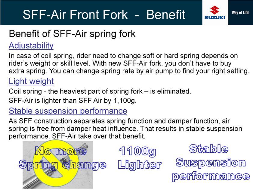 While coil spring needs to be replaced to change spring rate on conventional fork, air fork only needs to adjust air pressure.