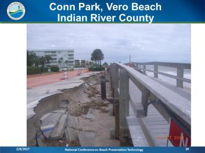 In Vero Beach, Indian River County, major beach and dune erosion undermined the parking area along Ocean Drive at Conn Park.