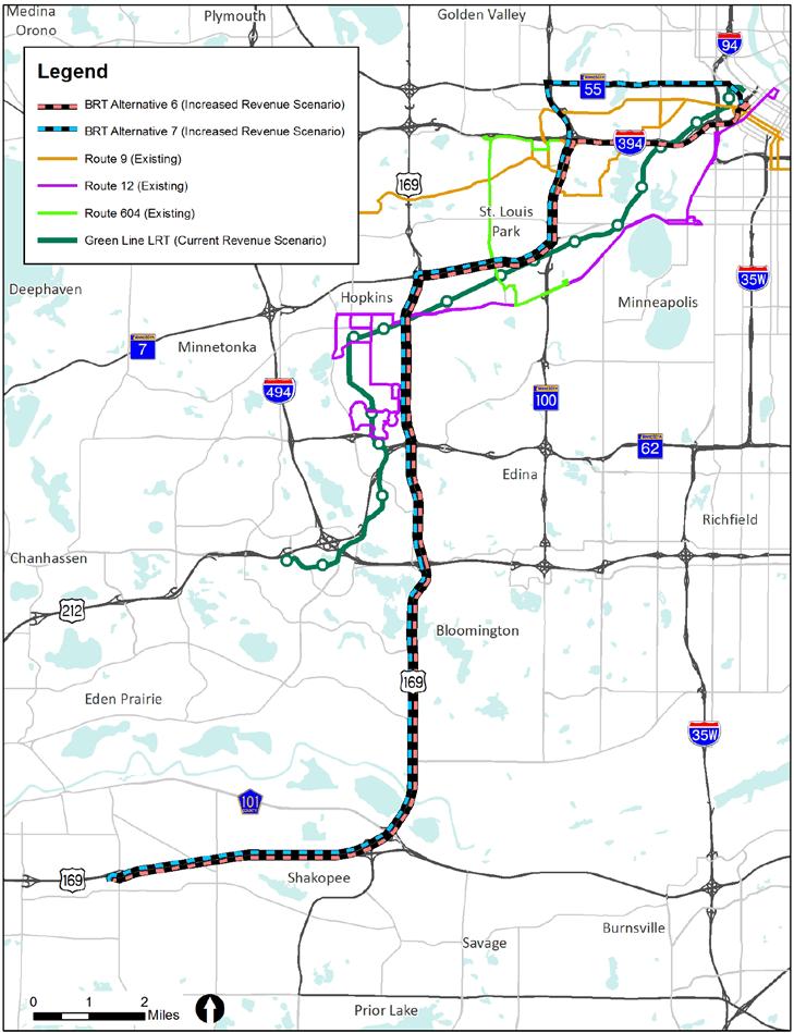 Duplication of Existing & Planned Service BRT Alternative 6: Marschall Road to Downtown Mpls via US 169, TH 7, TH 100, I-394 BRT Alternative 7: Marschall Road to Downtown Mpls via US 169, TH 7, TH