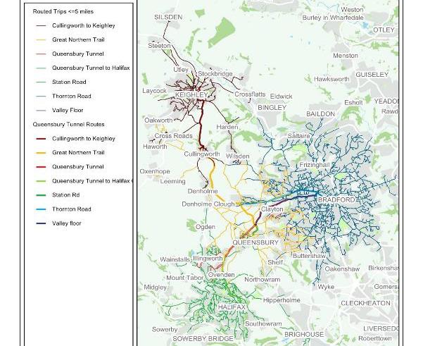 Figure 3 Commuting trips along each route as routed by the Sustrans model As the Sustrans model estimates the number of commuting people, the number of annual trips needs to be estimated.