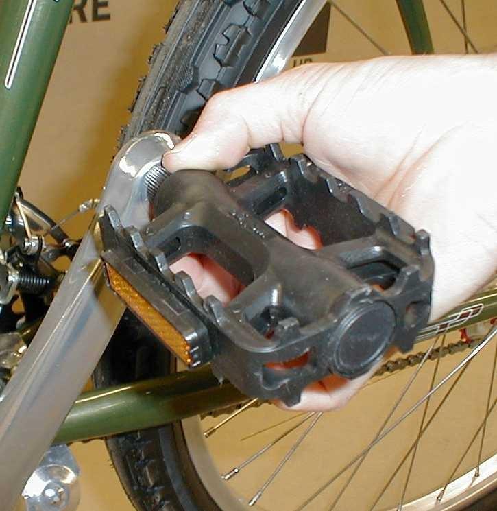 To avoid cross-threading, carefully start and tighten pedals by hand. Then tighten securely with a 15mm wrench.