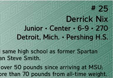 # 25 Derrick Nix Junior Center 6-9 270 Detroit, Mich. Pershing H.S. * Attended same high school as former Spartan All-American Steve Smith.