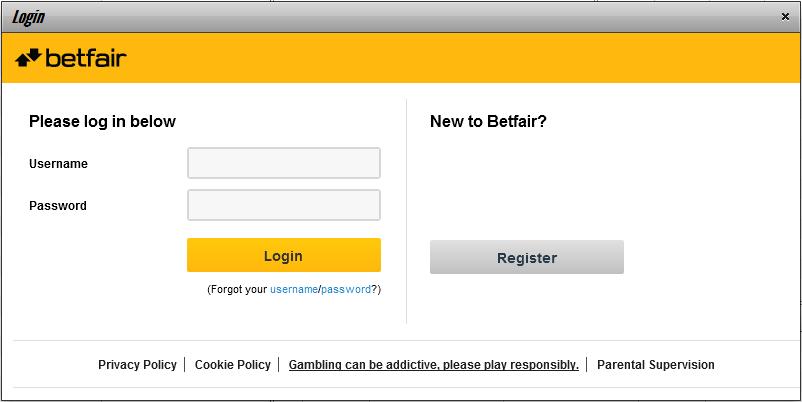 Logging In After opening the software the login screen will show: Enter your Betfair username and password and click Login. You can register for an account here if you need to.