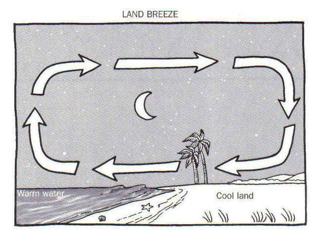During the night in coastal areas: Land cools off faster than water.
