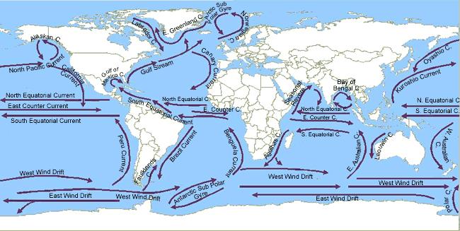 Planetary/prevailing winds and pressure belts thus affect ocean