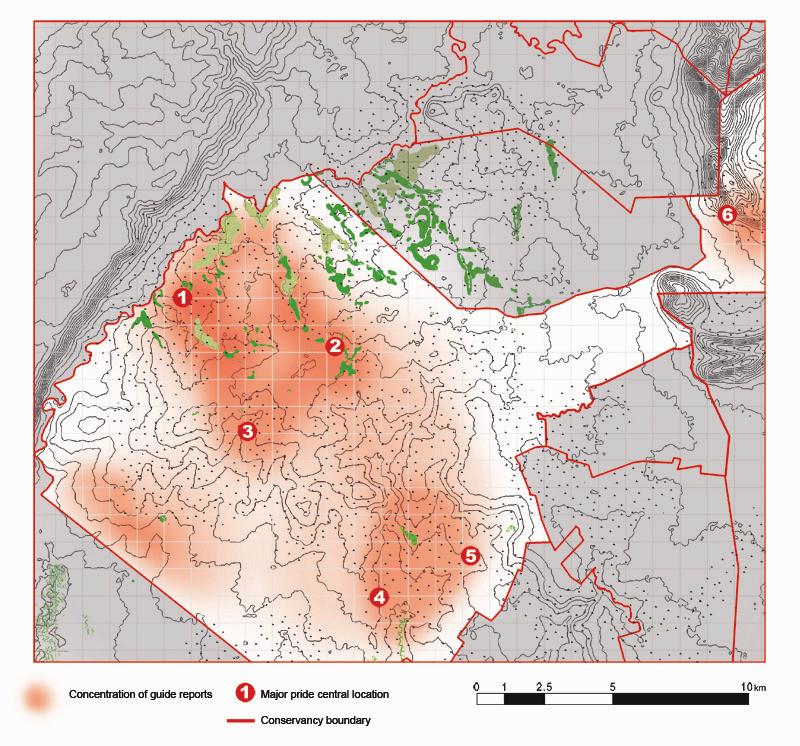 Fig. 5: Map showing the range and intensity of monitoring by guides within the Mara North Conservancy. Map also shows the key prides covered by monitoring efforts: 1. River Pride 2.