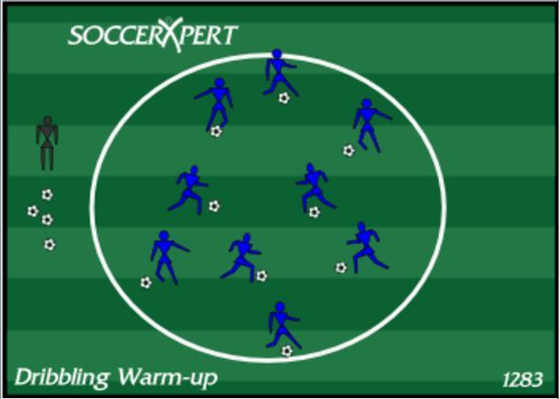 DRIBBLE WARMUP - U4 AND U5 DIVISIONS 1. Create an 30x20 (quarter field) area. 2. Each player in the area with a ball. 1. Have players dribble anyway they want inside the circle as long as they are using both feet for 2 minutes.