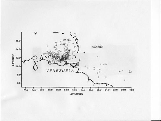 Figure 1. Location of swordfish samples during the sampling season (May 1991-June 1994. A total of 646 paired ovaries (65-280 cm LJFL) were used for the assessment of sexual maturity.