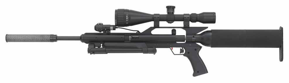 Because the barrel extends beyond the frame of the rifle a different moderator is used (where permitted), designed from light-weight Carbon Fibre and