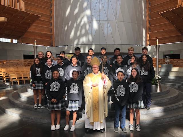 8th Grade students with Bishop Michael Barber at the Cathedral of Christ the Light. Bishop Barber celebrated a Marian Mass for all of the 8th grade students in the Diocese of Oakland.