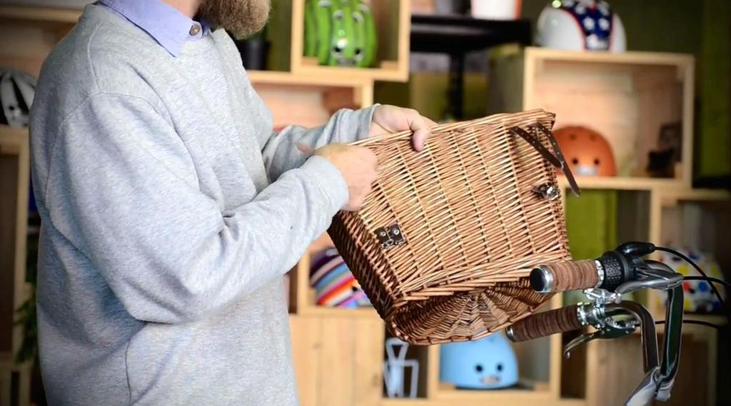 Attaching a wicker basket With a screw driver, create four small openings at either side of the basket - two near the top, and two near the middle.