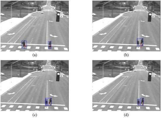 ways. Figure 15 shows an example of a computer algorithm identifying and tracking pedestrians as they cross the street in a marked crosswalk.